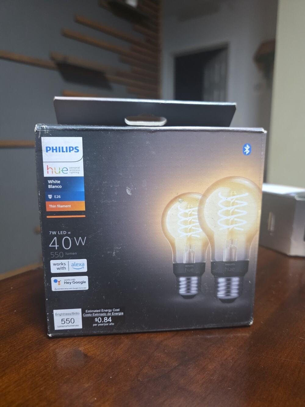 Philips Hue White Thin Filament A19 Bluetooth Smart LED Bulb, 2-Pack